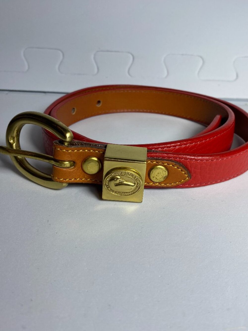 VTG DOONEY & BOURKE All Weather Leather USA Red Belt Brass Duck S 26-28 NWOT
